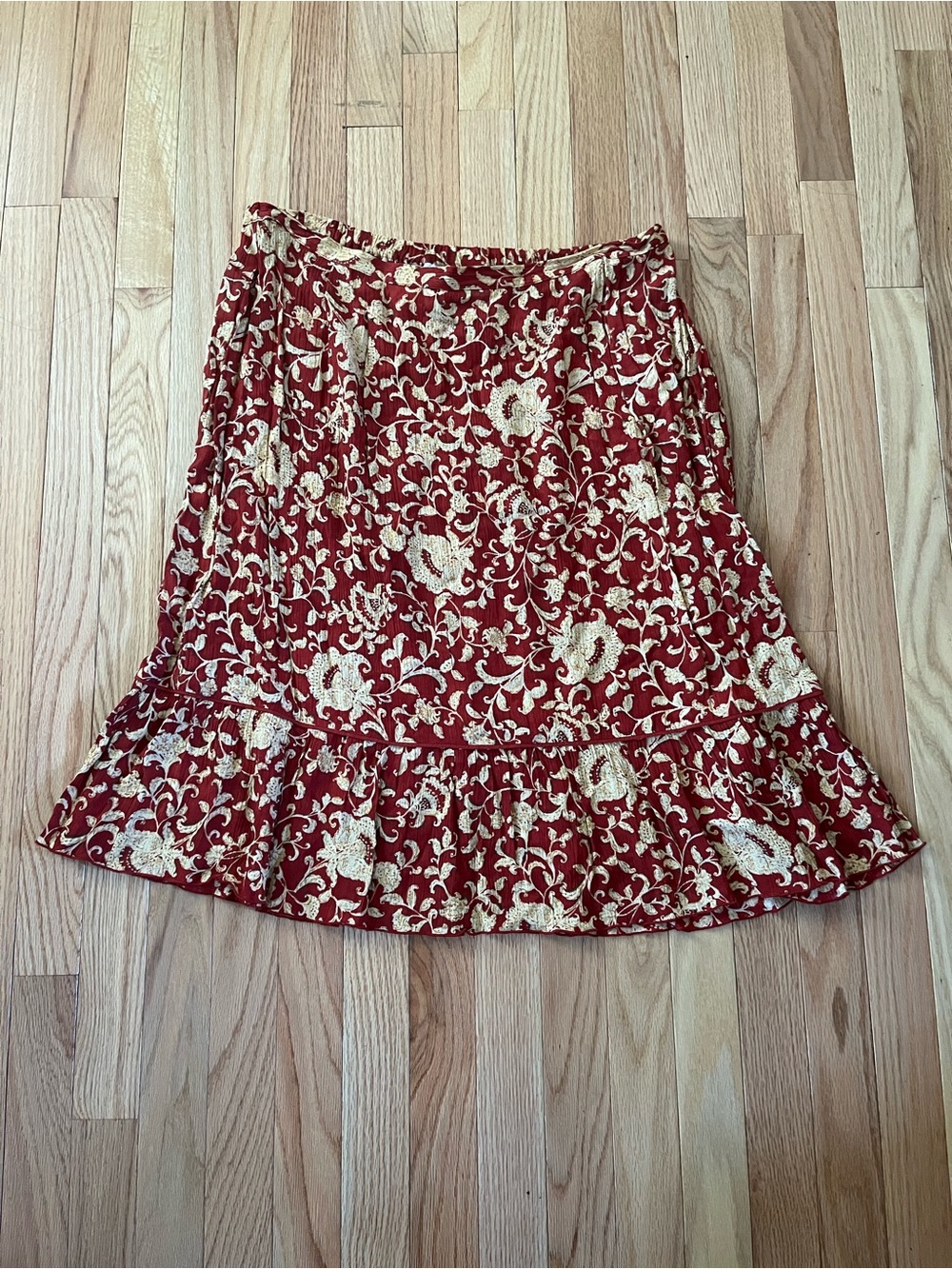 Vintage Red and Gold Floral Midi Skirt 1X Boho Cottagecore Romantic Prairie